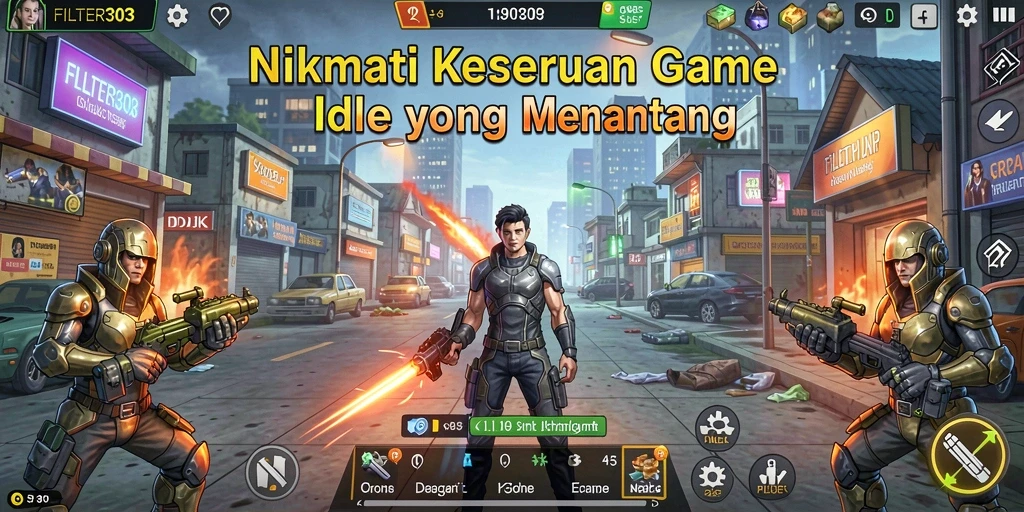 Screenshot menunjukkan gameplay santai FILTER303 dengan karakter yang berinteraksi dan mengelola sumber daya.