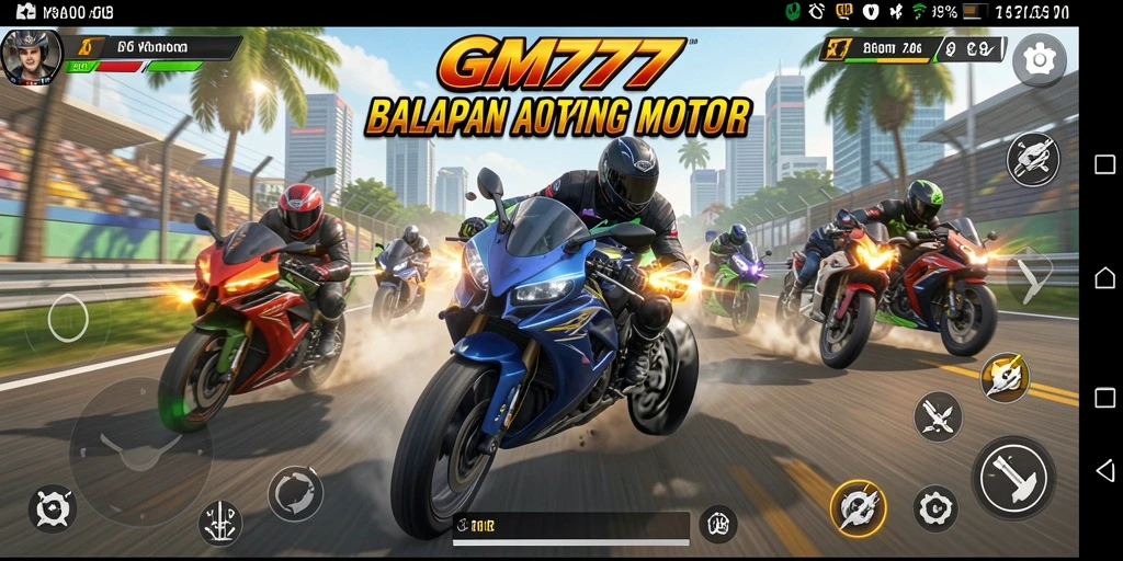 Screenshot gameplay <strong>GM777</strong> menampilkan aksi balapan motor yang intens.