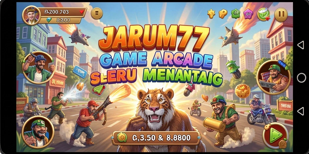 Tangkapan layar menampilkan gameplay JARUM77 yang penuh warna dan penuh aksi.