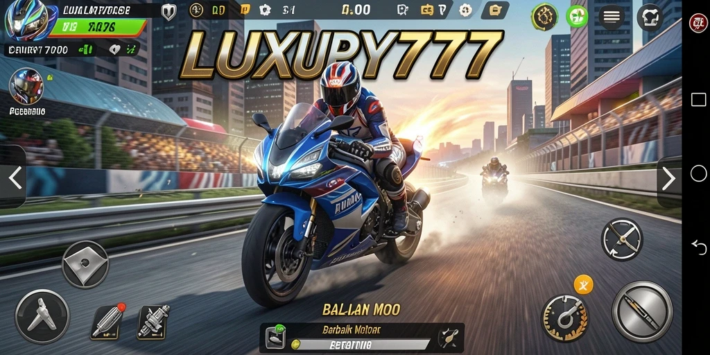 Screenshot gameplay LUXURY777 menampilkan aksi balap motor yang mendebarkan.