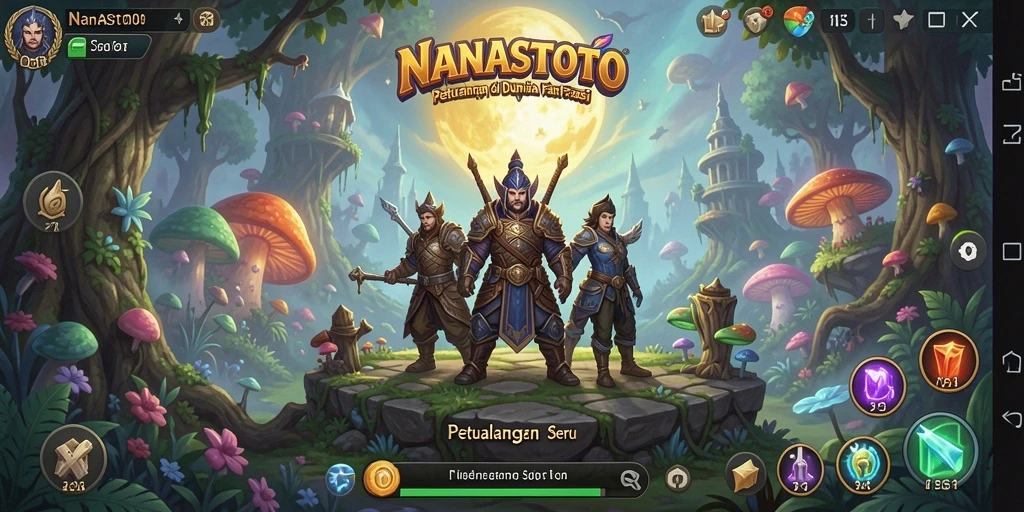 Tangkapan layar gameplay <strong>NANASTOTO</strong> menampilkan pertempuran epik dan eksplorasi dunia fantasi.