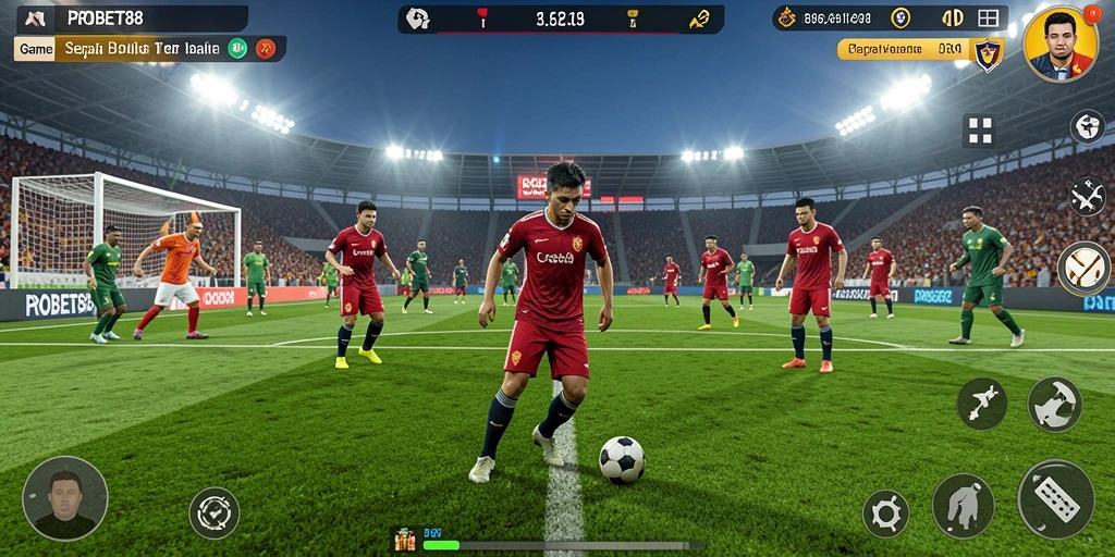 Screenshot gameplay PROBET88 menunjukkan aksi sepak bola yang mendebarkan.