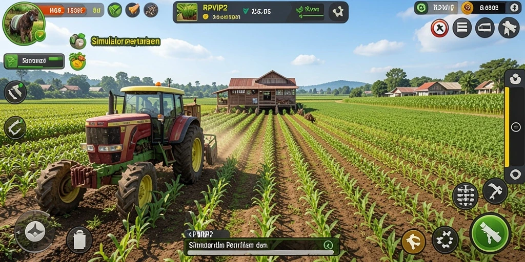 Tampilan gameplay <strong>RPVIP2</strong> saat bercocok tanam di kebun yang indah.