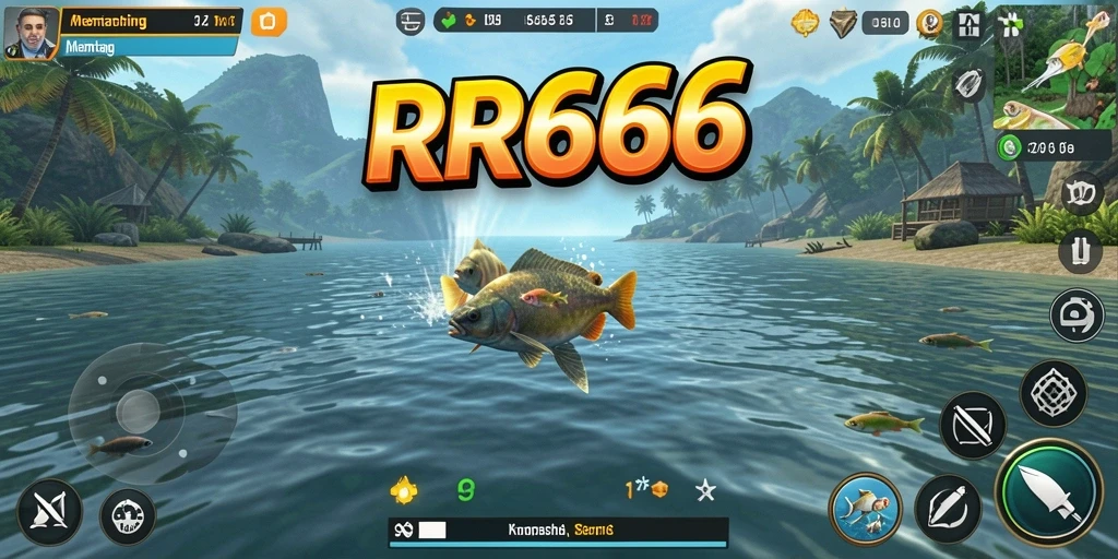 Screenshot utama RR666 menampilkan gameplay seru saat memancing di lokasi yang indah.