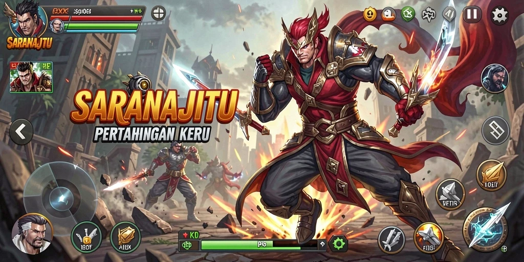 Screenshot utama SARANAJITU menampilkan karakter bertarung dengan grafis yang menawan.