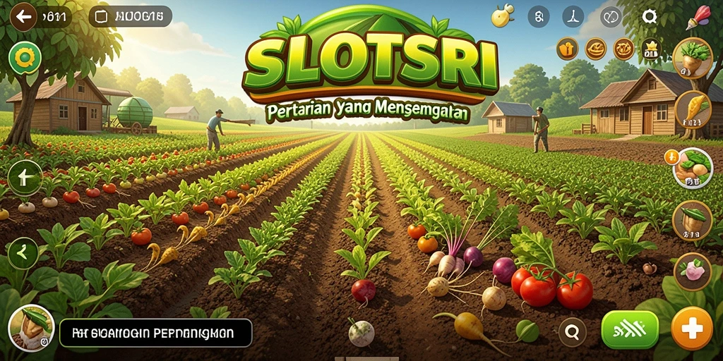 Screenshot gameplay SLOTSRI menampilkan ladang yang subur dan hewan peliharaan yang ceria.