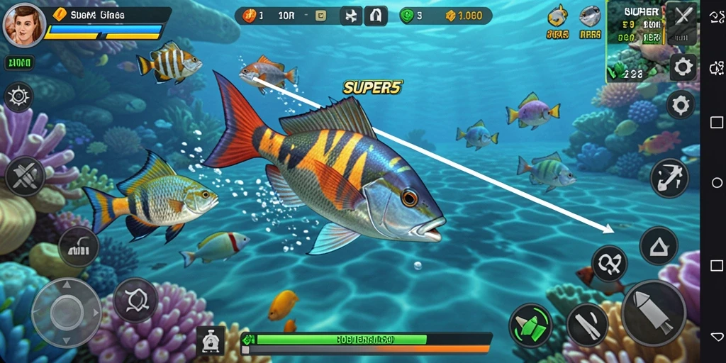 Screenshot gameplay <strong>SUPER5</strong> menunjukkan aksi menembak ikan yang mendebarkan.