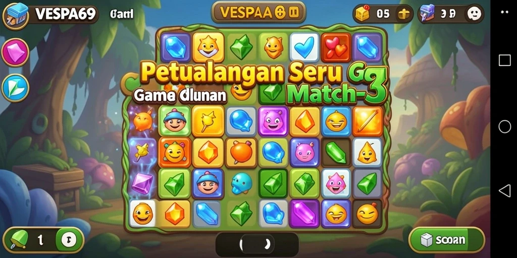 Screenshot VESPA69 menampilkan gameplay Match-3 yang menarik.
